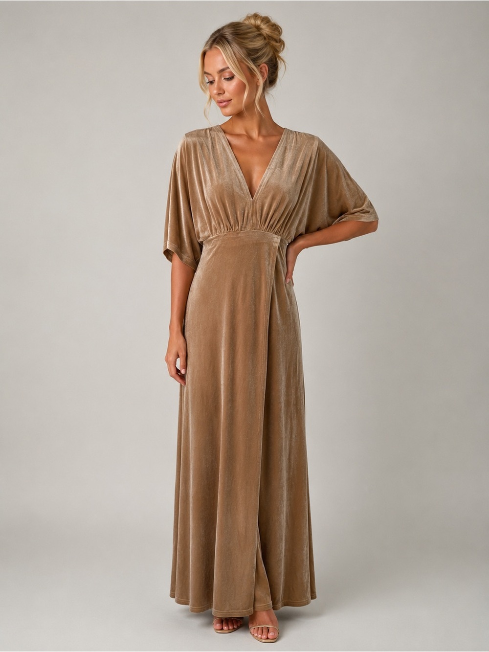 NWT Urban Outfitters WYLDR Velvet V-Neck Maxi Dress Sand Sable Size L